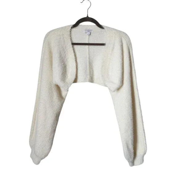 CURRENT AIR Fuzzy Knit Cropped Shrug Cardigan Balloon Sleeve in vanilla cream S