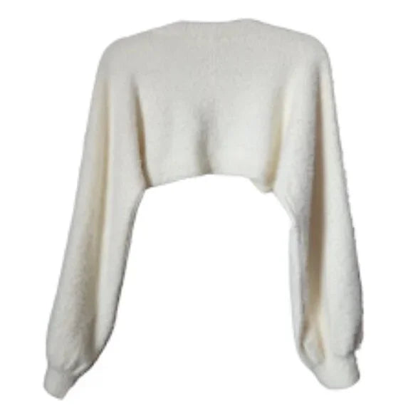 CURRENT AIR Fuzzy Knit Cropped Shrug Cardigan Balloon Sleeve in vanilla cream S