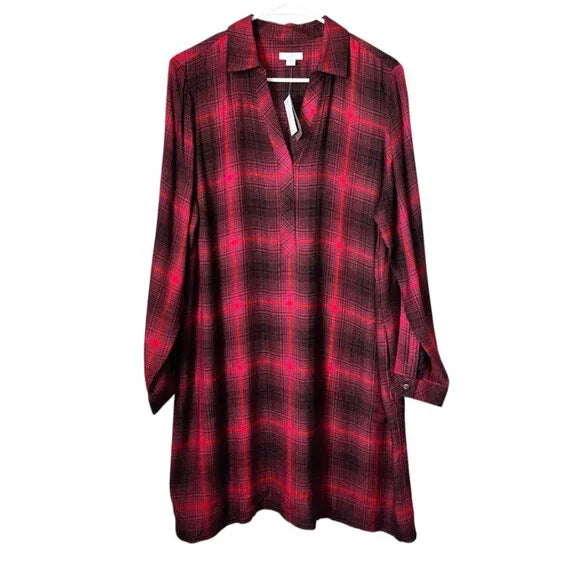 J.JILL Ruby Red Plaid Tunic Shirt Dress NWT Size LP Petite Long Sleeve plaid