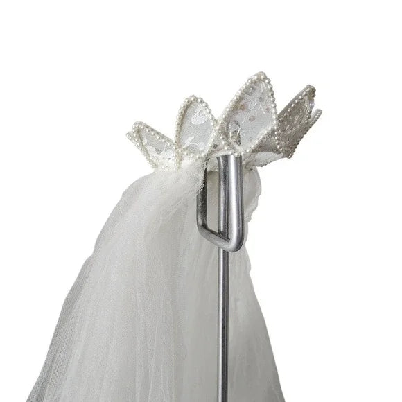 VTG 1980s Wedding Veil 24" Pearl Beaded Crown Tiara Headpiece & Tulle Veil