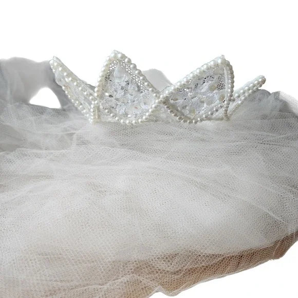VTG 1980s Wedding Veil 24" Pearl Beaded Crown Tiara Headpiece & Tulle Veil