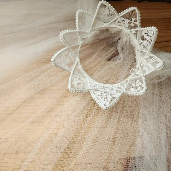 VTG 1980s Wedding Veil 24" Pearl Beaded Crown Tiara Headpiece & Tulle Veil