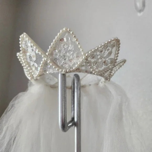 VTG 1980s Wedding Veil 24" Pearl Beaded Crown Tiara Headpiece & Tulle Veil