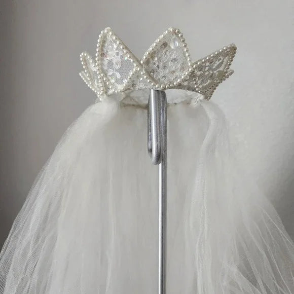VTG 1980s Wedding Veil 24" Pearl Beaded Crown Tiara Headpiece & Tulle Veil