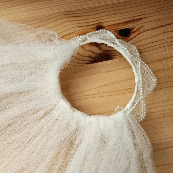 VTG 1980s Wedding Veil 24" Pearl Beaded Crown Tiara Headpiece & Tulle Veil