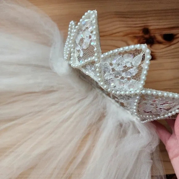 VTG 1980s Wedding Veil 24" Pearl Beaded Crown Tiara Headpiece & Tulle Veil