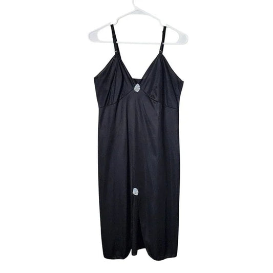 VINTAGE Black Nylon Slip Dress with Blue Floral Rose Appliqué Detail