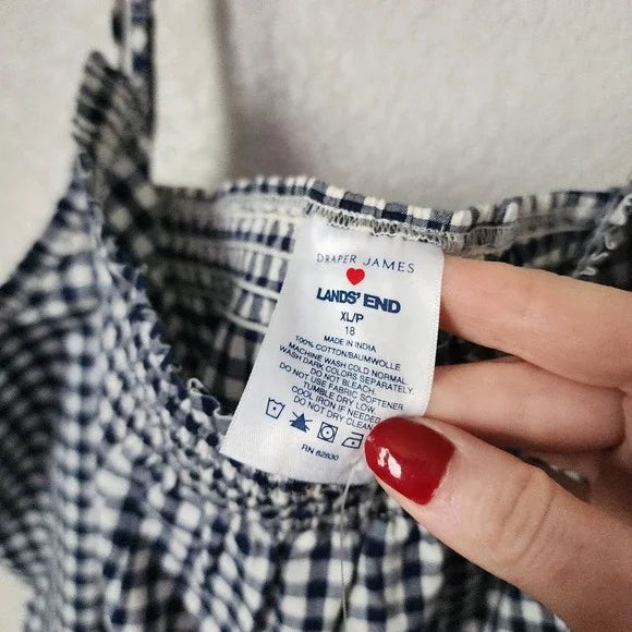 DRAPER JAMES x LANDS' END Navy Gingham Cotton Smocked Cami Top Size 1X (18W)