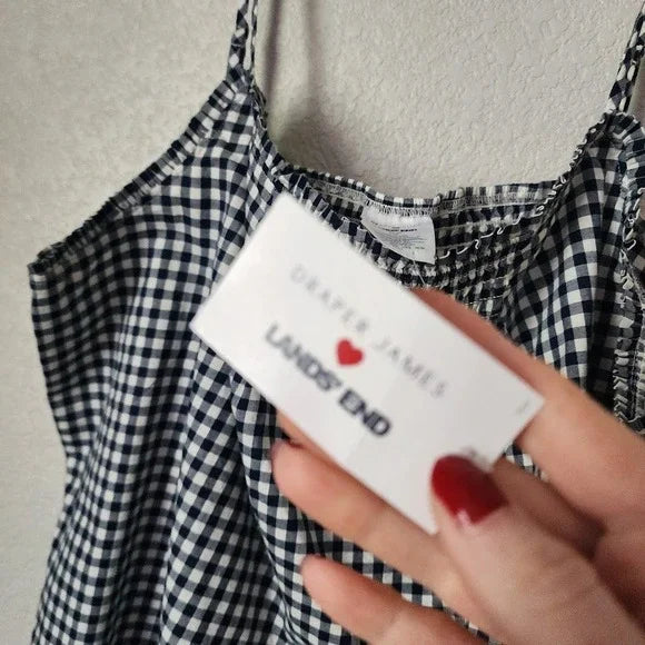 DRAPER JAMES x LANDS' END Navy Gingham Cotton Smocked Cami Top Size 1X (18W)