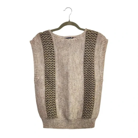 VINTAGE LE CHOIS Knit Sweater Vest Open knit Preppy Tan Beige Wool Blend L