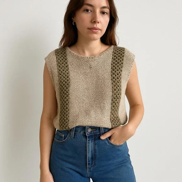 VINTAGE LE CHOIS Knit Sweater Vest Open knit Preppy Tan Beige Wool Blend L