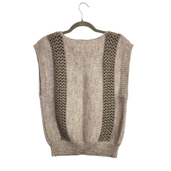 VINTAGE LE CHOIS Knit Sweater Vest Open knit Preppy Tan Beige Wool Blend L