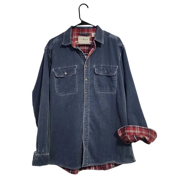 L.L.BEAN Men's Flannel-Lined Denim Overshirt Jacket Shacket Plaid L-Tall