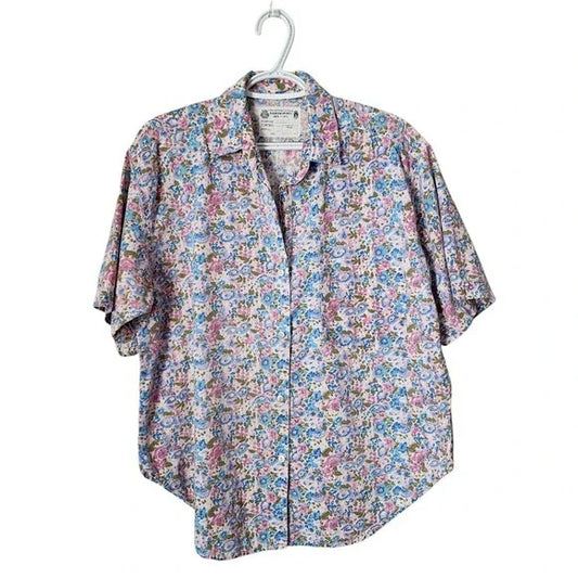 ANDREW SPORTS VTG 90s Floral Button Down Shirt Pink Blue Liberty Print