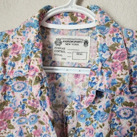 ANDREW SPORTS VTG 90s Floral Button Down Shirt Pink Blue Liberty Print