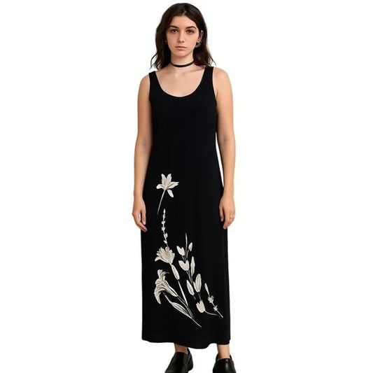 VTG LAURA ASHLEY 90s Black Floral Maxi Dress Sleeveless Minimalist Slip Y2K S/M