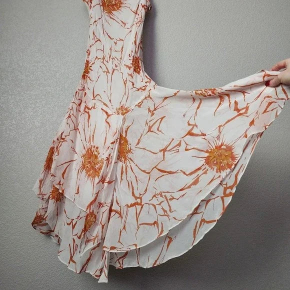 Y2K Vintage Orange Floral Slip Dress Asymmetrical Hem Spaghetti Strap Sundress S