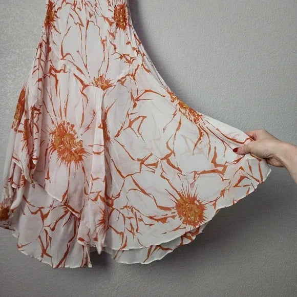 Y2K Vintage Orange Floral Slip Dress Asymmetrical Hem Spaghetti Strap Sundress S