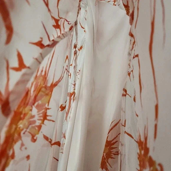 Y2K Vintage Orange Floral Slip Dress Asymmetrical Hem Spaghetti Strap Sundress S