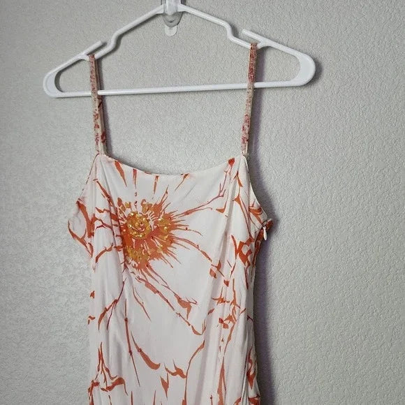 Y2K Vintage Orange Floral Slip Dress Asymmetrical Hem Spaghetti Strap Sundress S