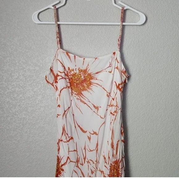 Y2K Vintage Orange Floral Slip Dress Asymmetrical Hem Spaghetti Strap Sundress S