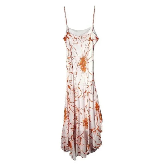 Y2K Vintage Orange Floral Slip Dress Asymmetrical Hem Spaghetti Strap Sundress S