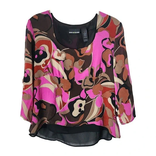 DKNY JEANS Y2K Psychedelic Swirl Print Blouse Sheer Button Sleeve Retro Top 12
