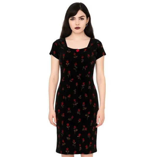 L.A. CONDUCT Velvet Rose Print Dress Short Sleeve Black Floral Wednesday Addams