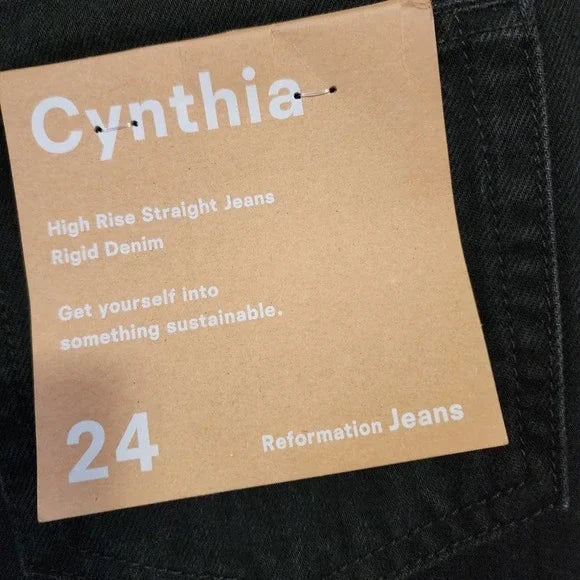 REFORMATION Cynthia High Rise Straight Jeans Black Rigid Denim Size 24 NWT