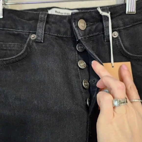 REFORMATION Cynthia High Rise Straight Jeans Black Rigid Denim Size 24 NWT