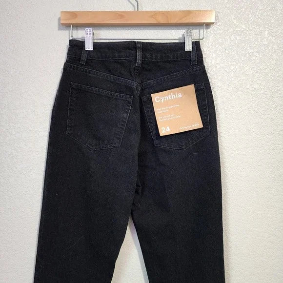 REFORMATION Cynthia High Rise Straight Jeans Black Rigid Denim Size 24 NWT