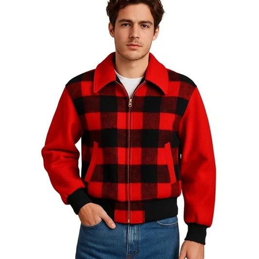 1950s RELIANCE Wool Buffalo Plaid Jacket Red Black Checkered Talon Zip USA