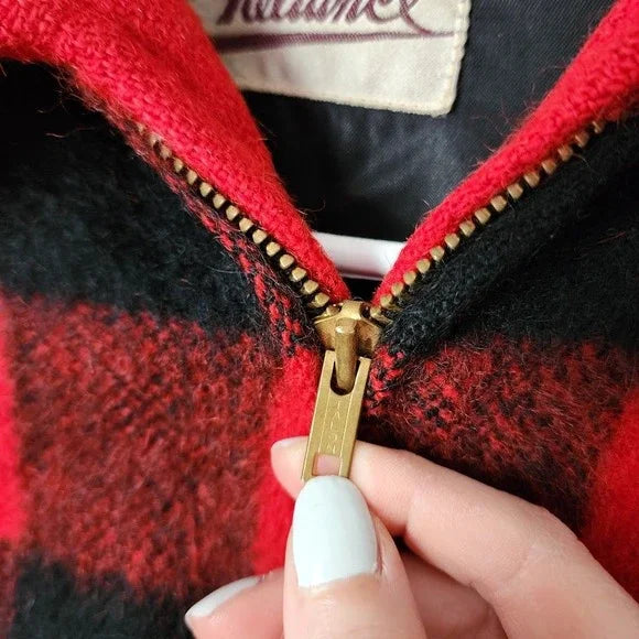 1950s RELIANCE Wool Buffalo Plaid Jacket Red Black Checkered Talon Zip USA