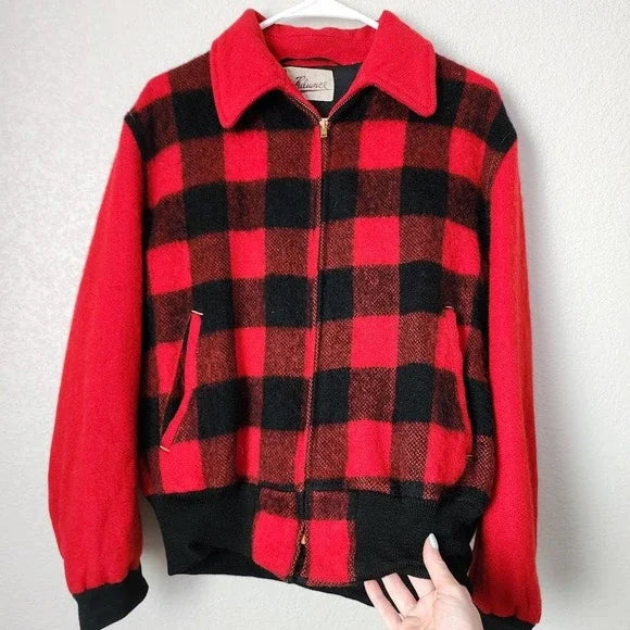 1950s RELIANCE Wool Buffalo Plaid Jacket Red Black Checkered Talon Zip USA