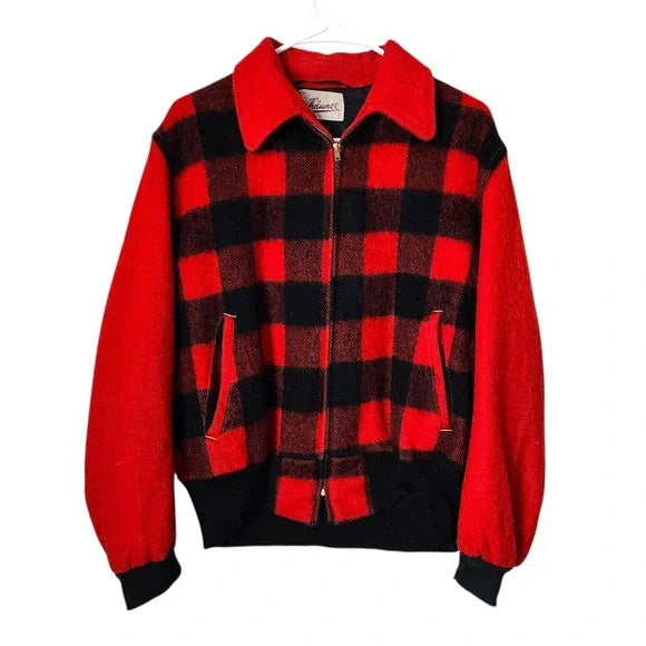 1950s RELIANCE Wool Buffalo Plaid Jacket Red Black Checkered Talon Zip USA