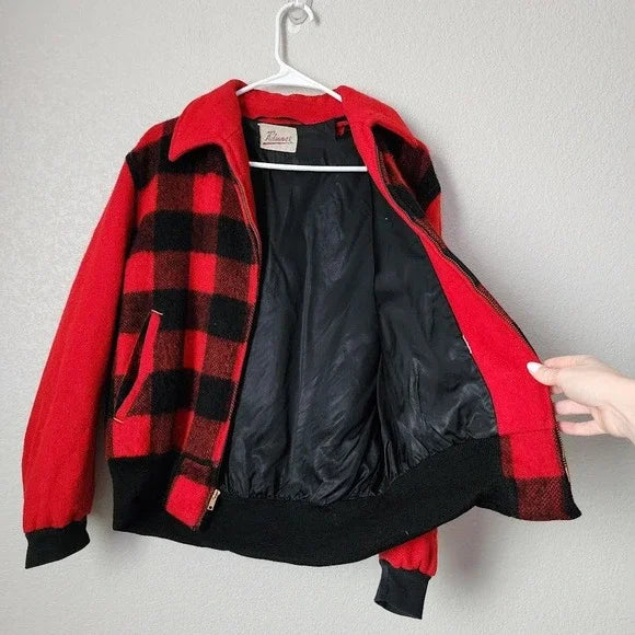 1950s RELIANCE Wool Buffalo Plaid Jacket Red Black Checkered Talon Zip USA