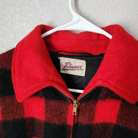 1950s RELIANCE Wool Buffalo Plaid Jacket Red Black Checkered Talon Zip USA