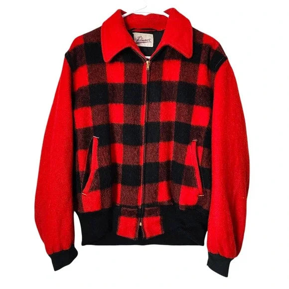 1950s RELIANCE Wool Buffalo Plaid Jacket Red Black Checkered Talon Zip USA