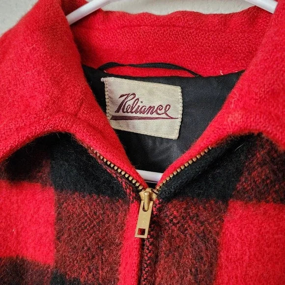 1950s RELIANCE Wool Buffalo Plaid Jacket Red Black Checkered Talon Zip USA