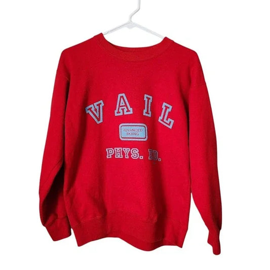 VTG 90s VAIL Colorado Phys Ed Sweatshirt Red Pullover Advanced Skiing Graphic