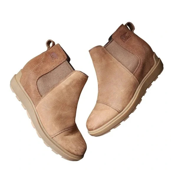 SOREL Evie II Chelsea Boots Waterproof Wedge Tan Suede Size 8