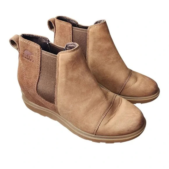 SOREL Evie II Chelsea Boots Waterproof Wedge Tan Suede Size 8