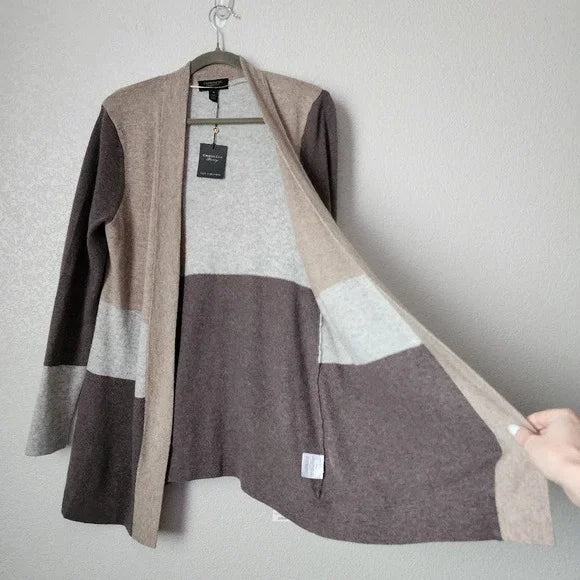 CHARTER CLUB 100% Cashmere Open Front Colorblock Duster Cardigan Size M NWT