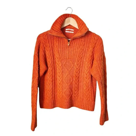 ANTHROPOLOGIE Payton Cable Knit Fisherman 1/2 zip Pullover Sweater Orange Size S