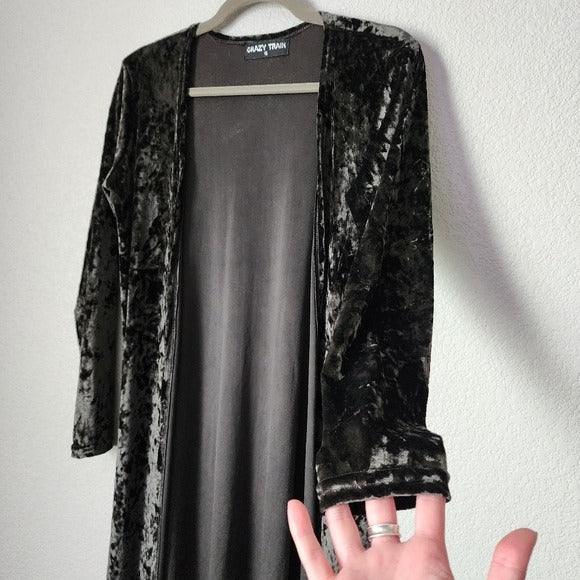 CRAZY TRAIN Black Velvet Long duster Cardigan whimsygoth witchy size S