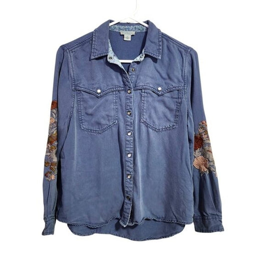 SUNDANCE Embroidered Tencel Denim Western Snap Shirt Size PS Petite Small