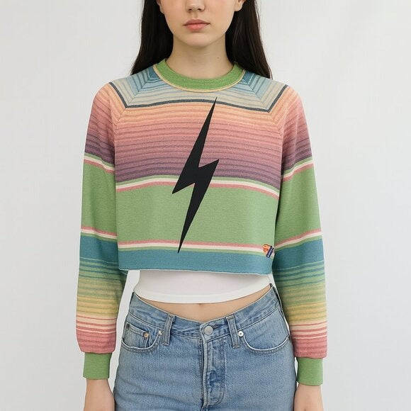 AVIATOR NATION Serape Bolt Cropped Sweatshirt Multicolor Striped Lightning XS