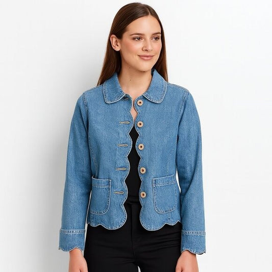 ISABELLA BIRD Scallop Hem Denim Jacket Peter Pan Collar Cottagecore Y2K Size SP