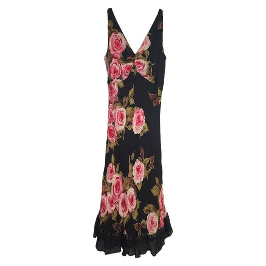 VINTAGE Dark Moody Floral ruffle hem Bias-cut slip midi dress in black size M