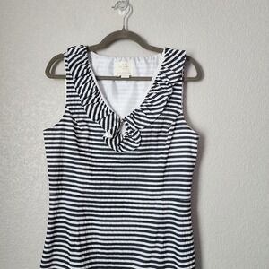 KATE SPADE Striped Ruffle Neck Shift Dress with Gold Button Detail Size 10